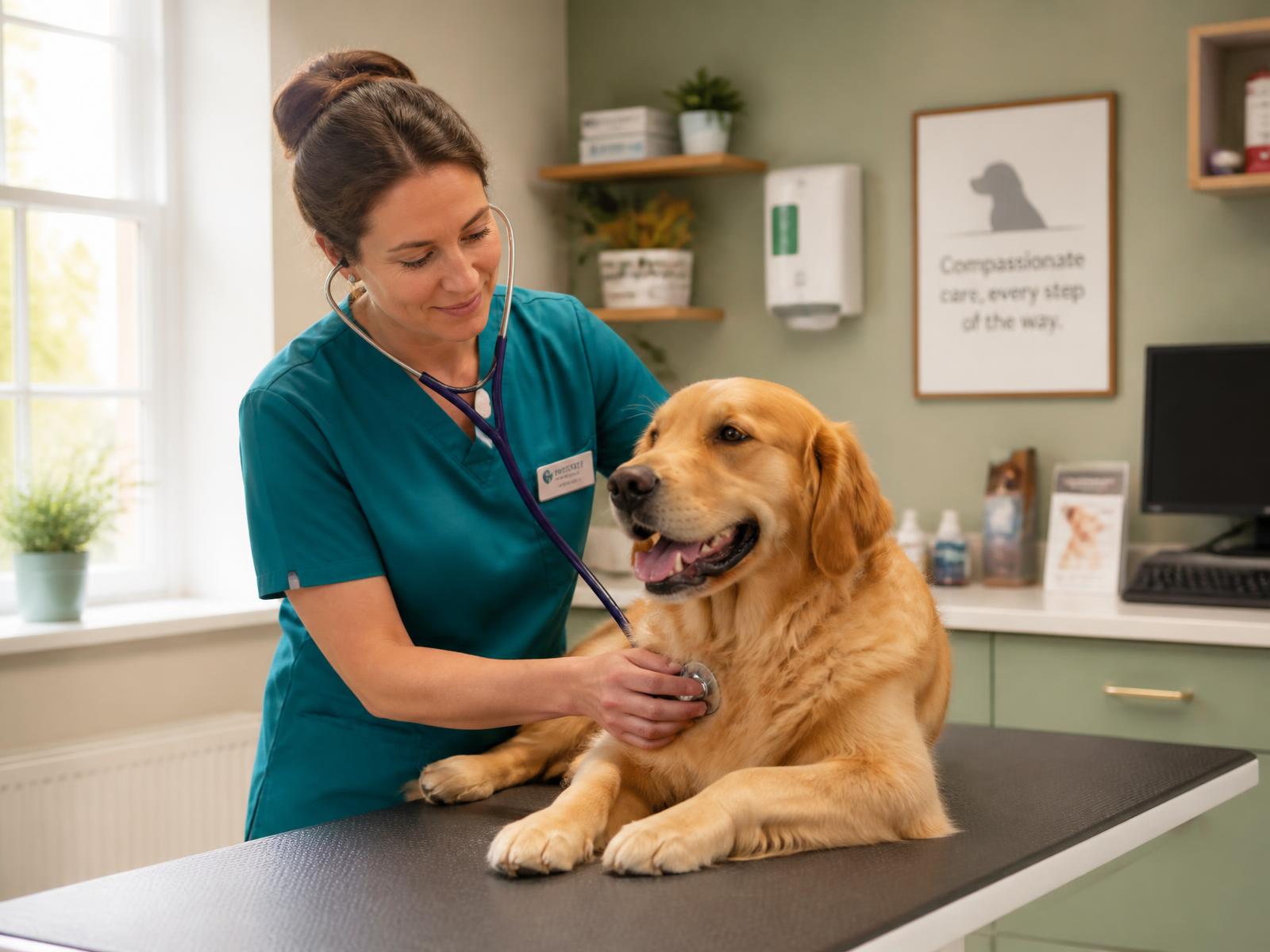 Veterinary surgeon examining a golden retriever in a bright consulting room